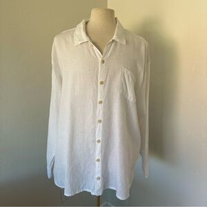 Flax Men’s White Linen Lagenlook Button Up Long sleeves Shirt Size L